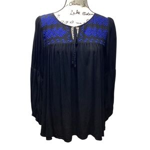 Andree Blue embroidered tie neck blouse. Medium. Black with royal blue details